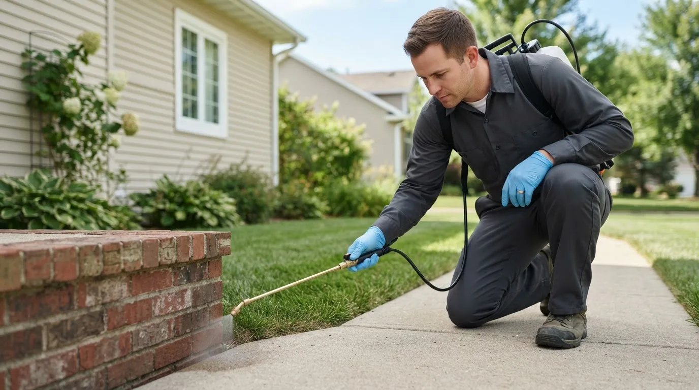 Pest control technician treating a home near Bloomer, WI