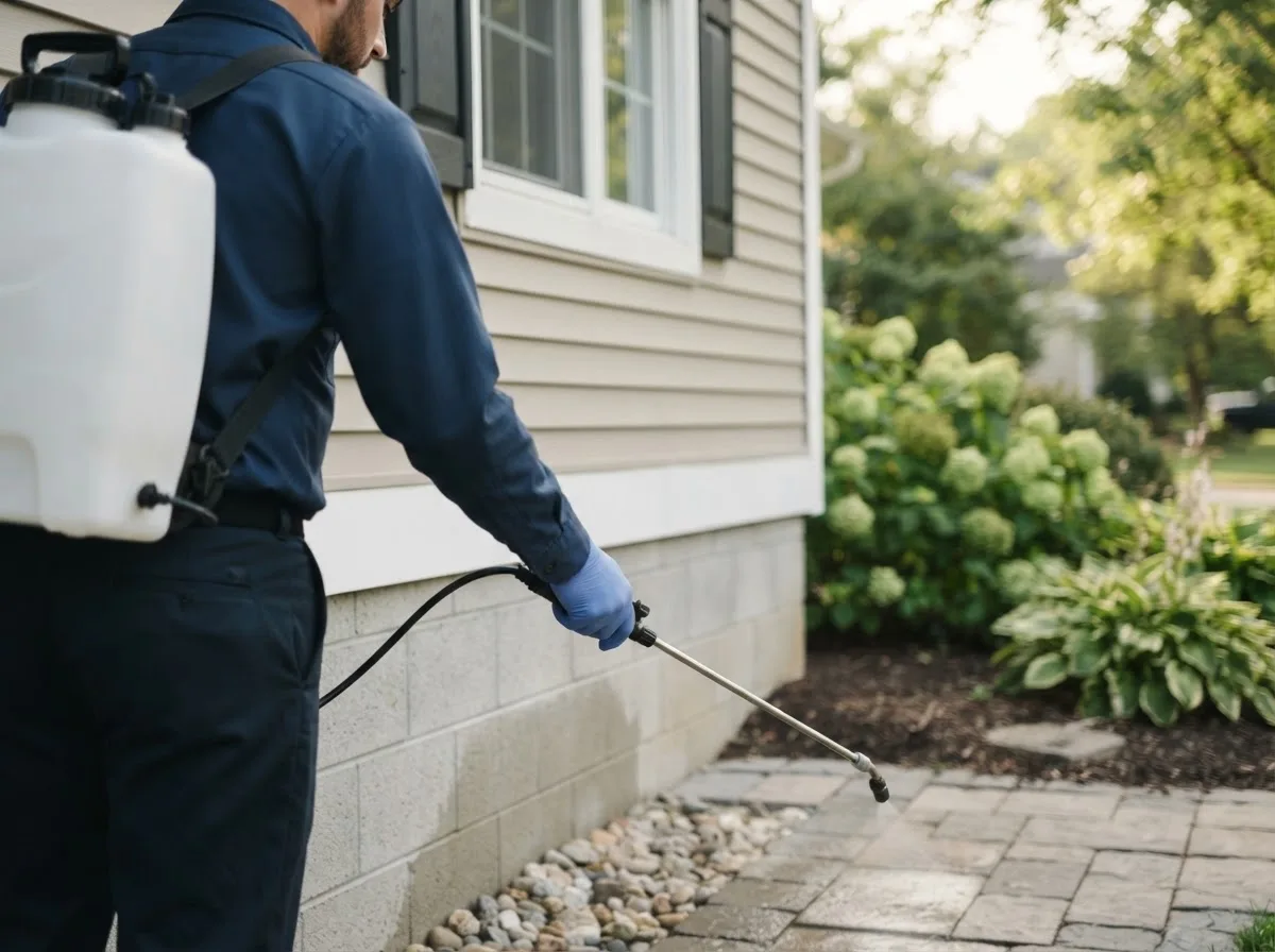 Pest control technician inspecting a home in Bloomer, WI